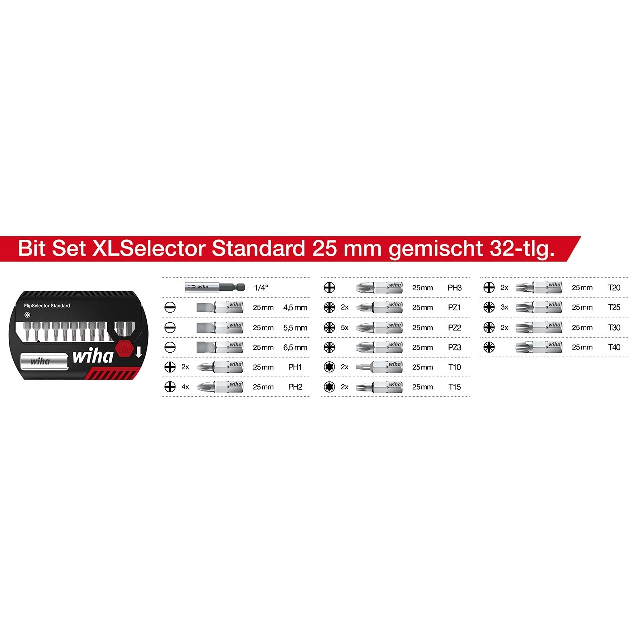 WIHA Bit-Set XLSelector Standard 25mm, gemischt 32-tlg. 1/4"
