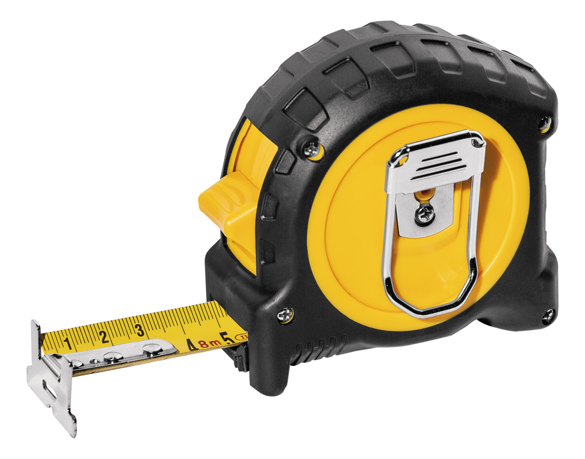 STABILA Taschenbandmaß BM 300, 8 m (26'), Maßband mit doppelseitiger cm/inch-Skala, bruchsicheres PC/ABS-Gehäuse, SPIKES-Haken, Stahlband mit NYLON-WRAP-Ummantelung, Gürtel-Clip, MID-Genauigkeit