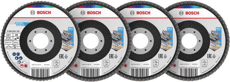 BOSCH X451 Fächerschleifscheiben Set, 115 x 22,23 mm, K40/K60/K80/K120, Z27, 60-tlg BOSCH X451 Fächerschleifscheiben Set, 115 x 22,23 mm, K40/K60/K80/K120, Z27, 60-tlg