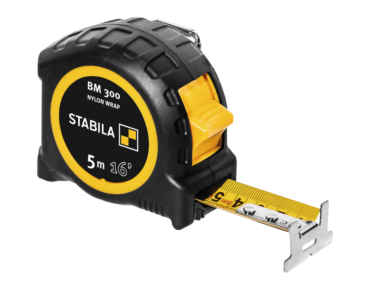 STABILA Taschenbandmaß BM 300, 5 m (16'), Maßband mit doppelseitiger cm/inch-Skala, bruchsicheres PC/ABS-Gehäuse, SPIKES-Haken, Stahlband mit NYLON-WRAP-Ummantelung, Gürtel-Clip, MID-Genauigkeit