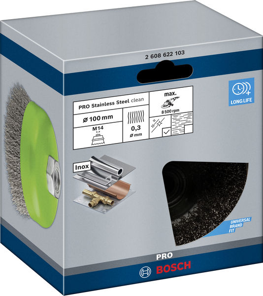 BOSCH PRO Stainless Steel clean Topfbürste, 100 x 0,3 mm, Gewinde BOSCH PRO Stainless Steel clean Topfbürste, 100 x 0,3 mm, Gewinde