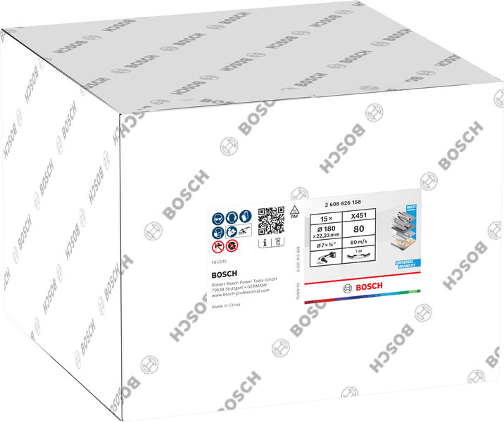BOSCH X451 Fächerschleifscheibe, 180 x 22,23 mm, K80, Z29, 15-tlg