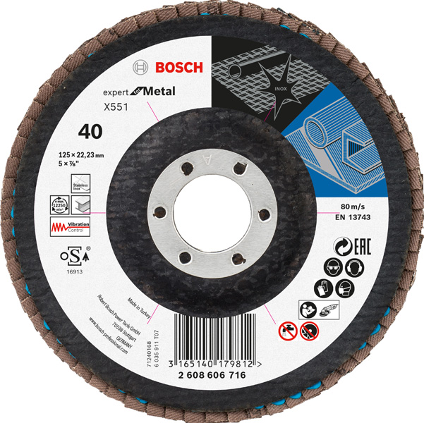 BOSCH Fächerschleifscheibe X551 Expert for Metal, gewinkelt, 125 mm, 40, Glasgewebe BOSCH Fächerschleifscheibe X551 Expert for Metal, gewinkelt, 125 mm, 40, Glasgewebe