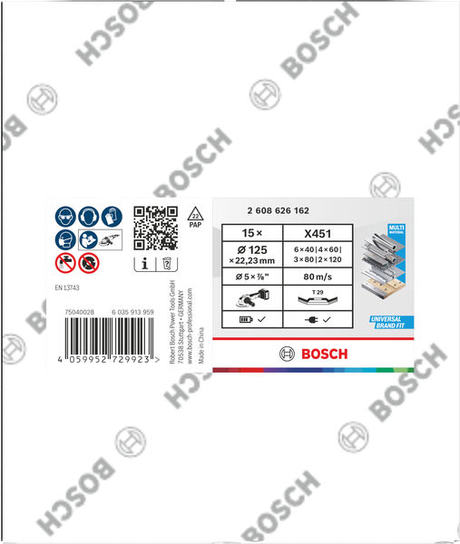 BOSCH X451 Fächerschleifscheiben Set, 125 x 22,23 mm, K40/K60/K80/K120, Z29, 15-tlg BOSCH X451 Fächerschleifscheiben Set, 125 x 22,23 mm, K40/K60/K80/K120, Z29, 15-tlg