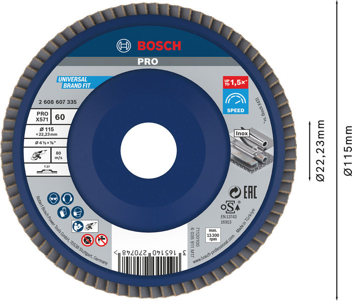BOSCH PRO X571 Fächerschleifscheibe, gerade, 115 mm, K60 BOSCH PRO X571 Fächerschleifscheibe, gerade, 115 mm, K60