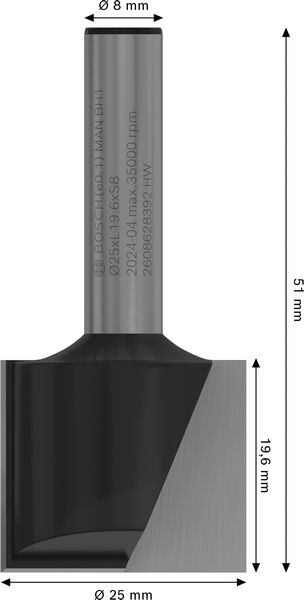 BOSCH PRO Nutfräser, zweischneidig, Ø 25 x L 19,6, Schaft 8 mm