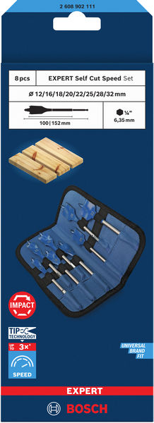 BOSCH EXPERT Self Cut Speed Flachfräsbohrer-Set, 12/16/18/20/22/25/28/32 mm, 8-tlg.