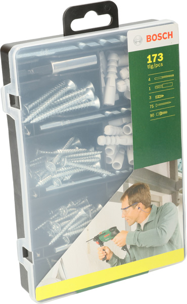 BOSCH Befestigungs-Set 173-teilig, Bohrer, Dübel, Schrauben, Bits in Sortierbox