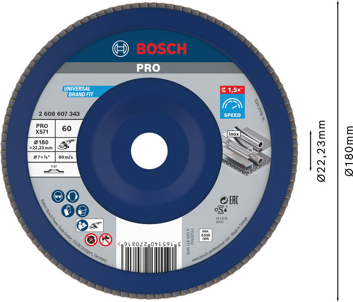 BOSCH PRO X571 Fächerschleifscheibe, gerade, 180 mm, K60 BOSCH PRO X571 Fächerschleifscheibe, gerade, 180 mm, K60