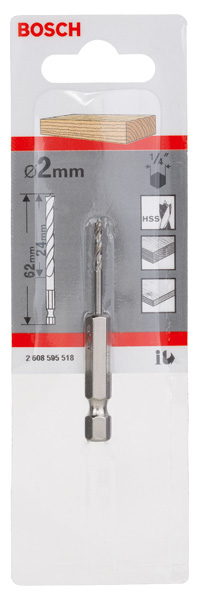 BOSCH Holzspiralbohrer mit 1/4-Zoll Sechskantschaft, 2 x 24 x 62 mm BOSCH Holzspiralbohrer mit 1/4-Zoll Sechskantschaft, 2 x 24 x 62 mm