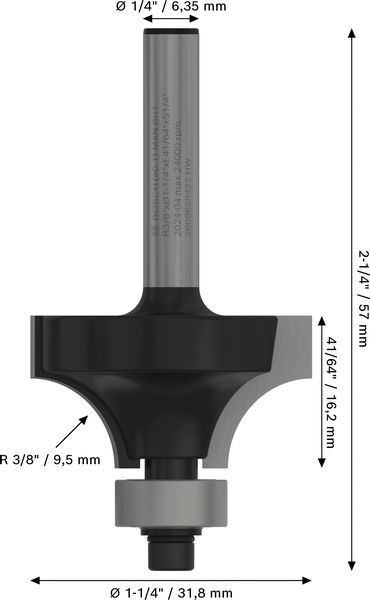 BOSCH PRO Abrundfräser, R 3/8", Schaft 1/4"