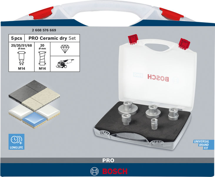 BOSCH PRO Ceramic Trockenbohrkronen-Set, 68x33/51x33/35x33/25x33/20x33 mm, M14, 5-tlg.