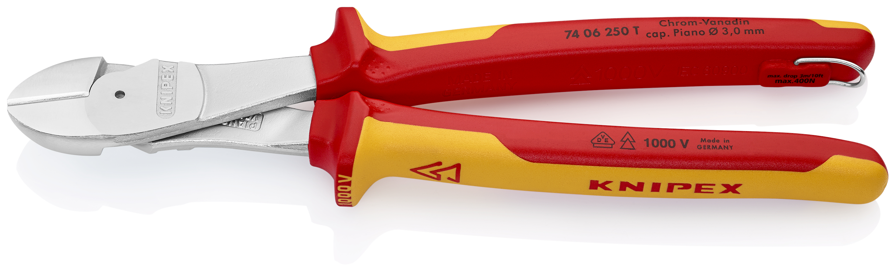 KNIPEX KNIPEX 74 06 250 T Kraft-Seitenschneider 250 mm verchromt isoliert mit Mehrkomponenten-Hüllen, VDE-geprüft; mit integrierter isolierter Befestigungsöse zum Anbringen einer Absturzsicherung