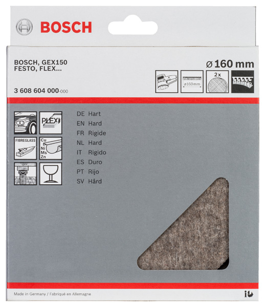 BOSCH Polierfilz für Exzenterschleifer, hart, Klett, 160 mm, 2er-Pack BOSCH Polierfilz für Exzenterschleifer, hart, Klett, 160 mm, 2er-Pack