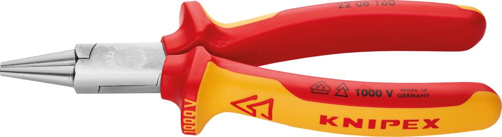 KNIPEX 22 06 160 Rundzange 160 mm verchromt isoliert mit Mehrkomponenten-Hüllen, VDE-geprüft