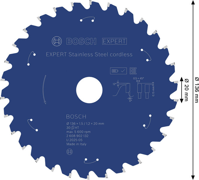 BOSCH EXPERT Stainless Steel Kreissägeblatt, 136x20 mm, Z30 BOSCH EXPERT Stainless Steel Kreissägeblatt, 136x20 mm, Z30