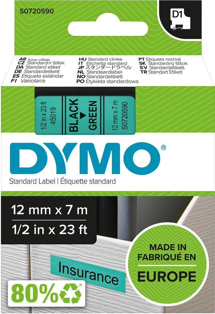 DYMO Schriftband D1 45019 schwarz/grün 12mmx7m DYMO DYMO Schriftband D1 45019 schwarz/grün 12mmx7m DYMO