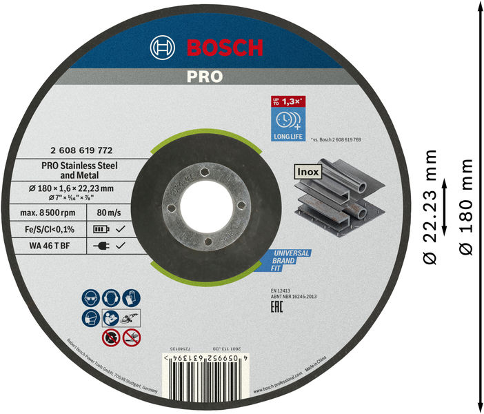BOSCH PRO Stainless Steel and Metal Trennscheibe, 180 x 1,6 x 22.23 mm, gekröpft BOSCH PRO Stainless Steel and Metal Trennscheibe, 180 x 1,6 x 22.23 mm, gekröpft