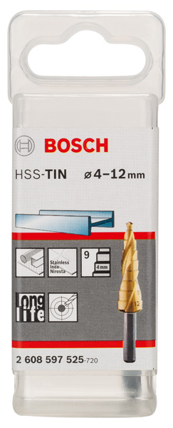 BOSCH Stufenbohrer HSS-TiN, 4 - 12 mm, 6 mm, 65 mm, 9 Stufen