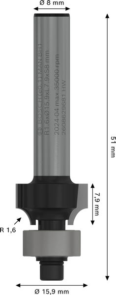 BOSCH PRO Abrundfräser, R 1,6, Schaft 8 mm BOSCH PRO Abrundfräser, R 1,6, Schaft 8 mm