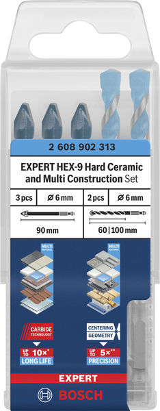 BOSCH EXPERT HEX-9 Hard Ceramic und HEX-9 Multi Construction Bohrer-Set, 6 mm, 5-tlg. BOSCH EXPERT HEX-9 Hard Ceramic und HEX-9 Multi Construction Bohrer-Set, 6 mm, 5-tlg.