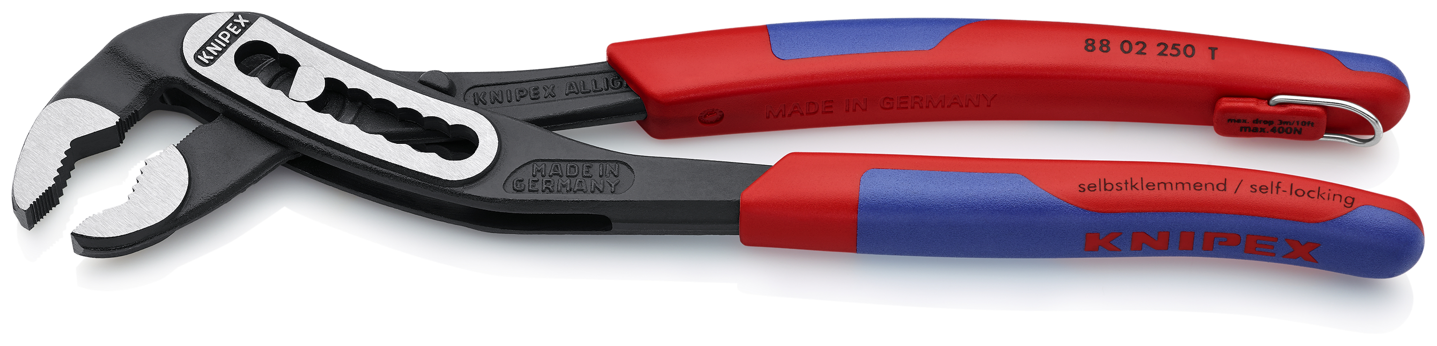 KNIPEX KNIPEX 88 02 250 T Alligator® Wasserpumpenzange 250 mm schwarz atramentiert mit schlanken Mehrkomponenten-Hüllen, mit integrierter Befestigungsöse zum Anbringen einer Absturzsicherung poliert