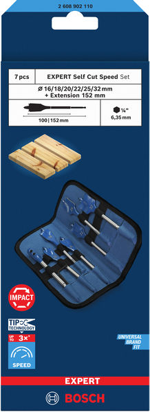 BOSCH EXPERT Self Cut Speed Flachfräsbohrer-Set, 16-32mm + Verlängerung 152 mm, 7?tlg.