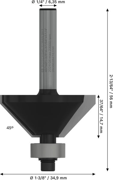 BOSCH PRO Fasefräser, 45°, Schaft 1/4" BOSCH PRO Fasefräser, 45°, Schaft 1/4"