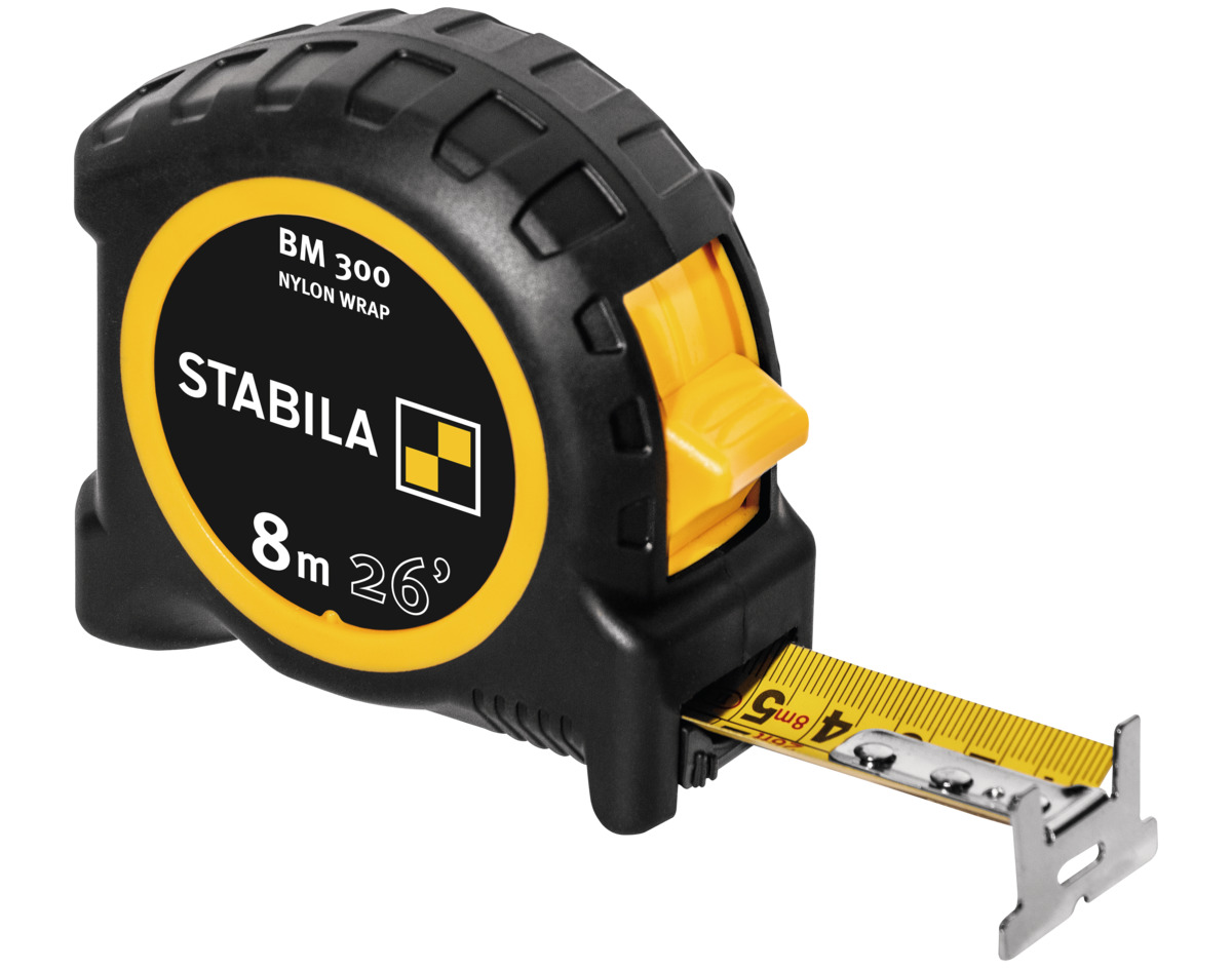STABILA Taschenbandmaß BM 300, 8 m (26'), Maßband mit doppelseitiger cm/inch-Skala, bruchsicheres PC/ABS-Gehäuse, SPIKES-Haken, Stahlband mit NYLON-WRAP-Ummantelung, Gürtel-Clip, MID-Genauigkeit STABILA Taschenbandmaß BM 300, 8 m (26'), Maßband mit doppelseitiger cm/inch-Skala, bruchsicheres PC/ABS-Gehäuse, SPIKES-Haken, Stahlband mit NYLON-WRAP-Ummantelung, Gürtel-Clip, MID-Genauigkeit