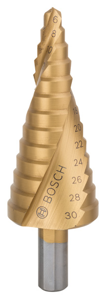 BOSCH Stufenbohrer HSS-TiN, 6 - 30 mm, 10 mm, 93,5 mm, 13 Stufen BOSCH Stufenbohrer HSS-TiN, 6 - 30 mm, 10 mm, 93,5 mm, 13 Stufen