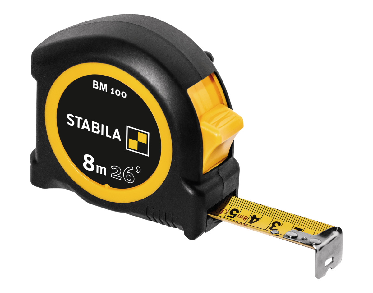 STABILA Taschenbandmaß BM 100, 8 m (26'), Maßband mit cm/inch-Skala, bruchsicheres ABS-Gehäuse, beweglicher Anfangshaken, Gürtel-Clip, MID-Genauigkeit