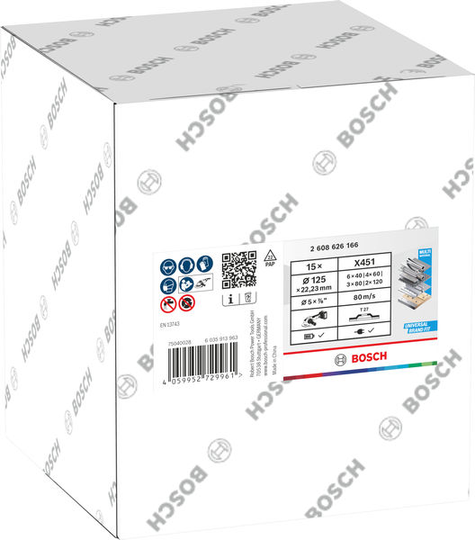 BOSCH X451 Fächerschleifscheiben Set, 125 x 22,23 mm, K40/K60/K80/K120, Z27, 15-tlg BOSCH X451 Fächerschleifscheiben Set, 125 x 22,23 mm, K40/K60/K80/K120, Z27, 15-tlg