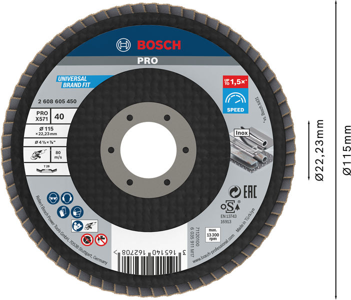 BOSCH PRO X571 Fächerschleifscheibe, abgewinkelt, 115 mm, K40