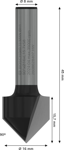 BOSCH PRO V-Nutfräser, 90° x Ø 16, Schaft 8 mm BOSCH PRO V-Nutfräser, 90° x Ø 16, Schaft 8 mm