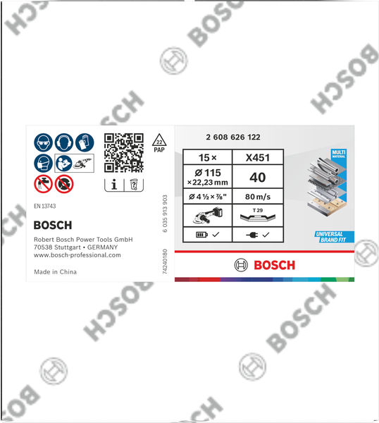 BOSCH X451 Fächerschleifscheibe, 115 x 22,23 mm, K40, Z29, 15-tlg BOSCH X451 Fächerschleifscheibe, 115 x 22,23 mm, K40, Z29, 15-tlg