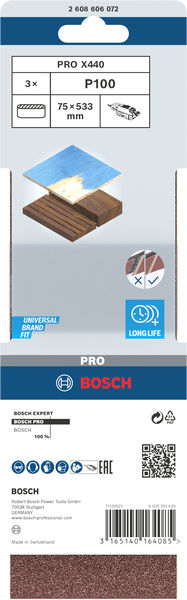BOSCH PRO X440 Schleifband, 75 x 533 mm, 100, 3-tlg. BOSCH PRO X440 Schleifband, 75 x 533 mm, 100, 3-tlg.