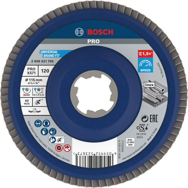 BOSCH PRO X571 Fächerschleifscheibe X-Lock, abgewinkelt, 115 mm, K120 BOSCH PRO X571 Fächerschleifscheibe X-Lock, abgewinkelt, 115 mm, K120