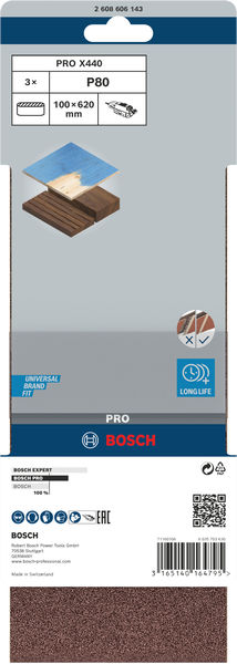BOSCH PRO X440 Schleifband, 100 x 620 mm, G80, 3-tlg. BOSCH PRO X440 Schleifband, 100 x 620 mm, G80, 3-tlg.