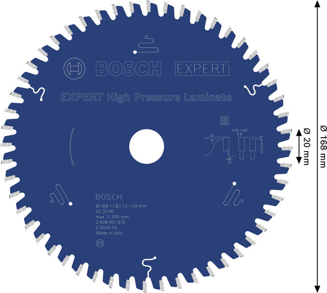 BOSCH EXPERT High Pressure Laminate Kreissägeblatt, 168x1,8/1,2x20 mm, Z52