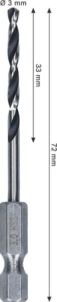 BOSCH Metal HSS Spiralbohrer, 3 x 33 x 72 mm, HEX 1/4“ Schaft