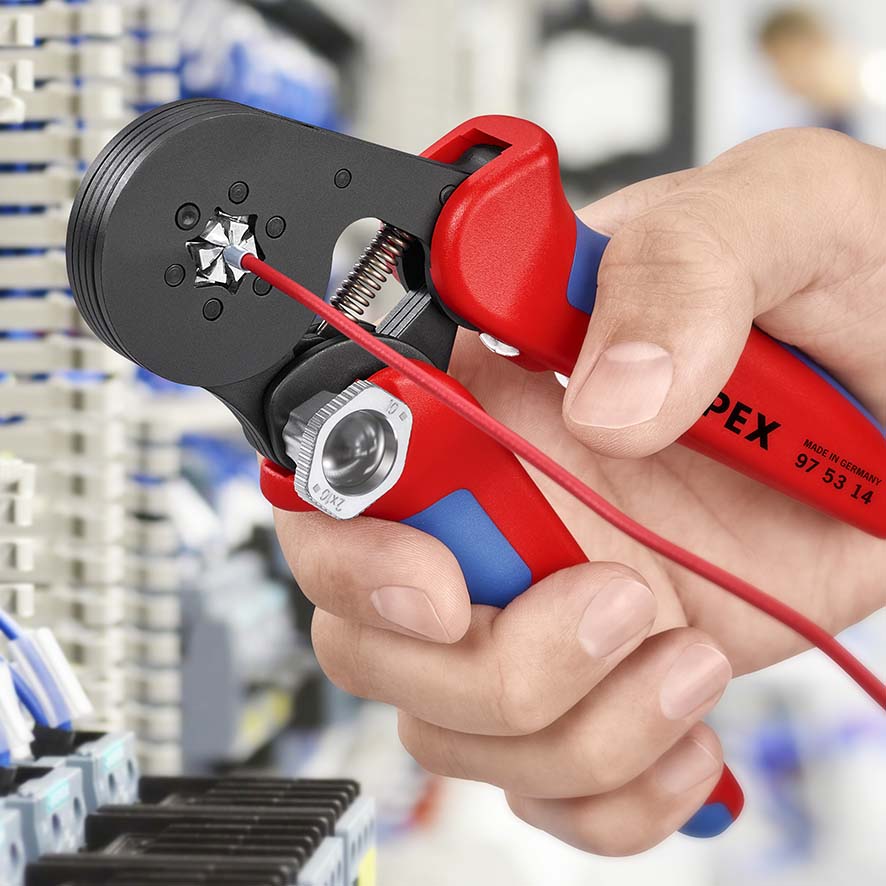 KNIPEX 97 53 14 Selbsteinstellende Crimpzange für Aderendhülsen mit Seiteneinführung 180 mm brüniert mit Mehrkomponenten-Hüllen