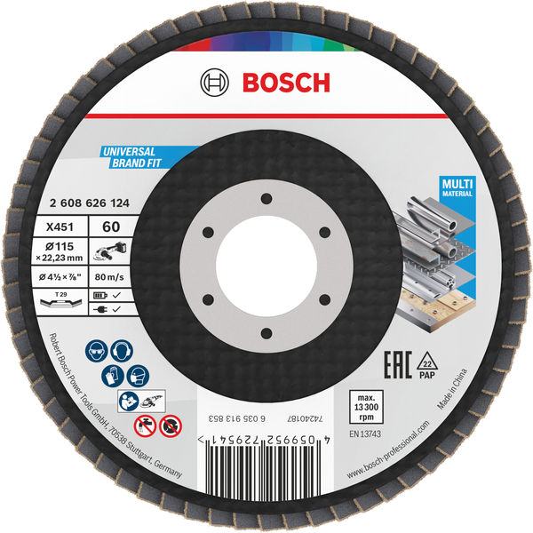 BOSCH X451 Fächerschleifscheibe, 115 x 22,23 mm, K60, Z29, 15-tlg