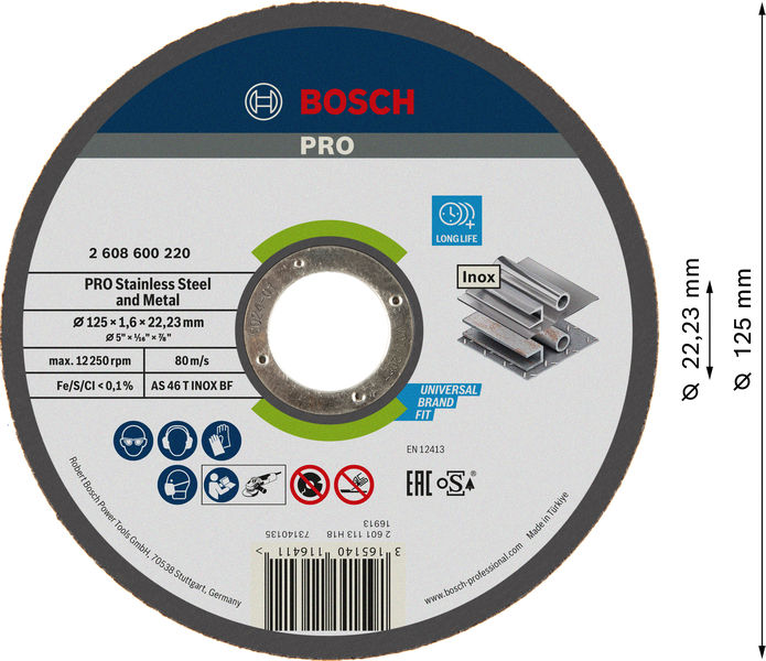 BOSCH PRO Stainless Steel and Metal Trennscheibe, 125 x 1.6 x 22.23 mm, gerade, oSa BOSCH PRO Stainless Steel and Metal Trennscheibe, 125 x 1.6 x 22.23 mm, gerade, oSa