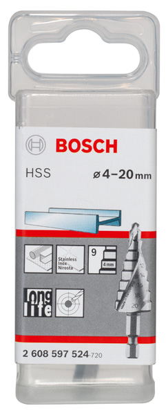 BOSCH Stufenbohrer HSS, Sechskantschaft, 4 - 20 mm, 1/4-Zoll, 70,5 mm, 9 Stufen