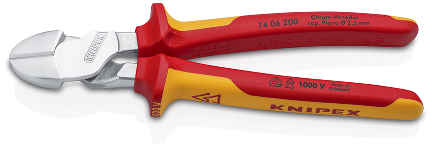 KNIPEX KNIPEX 74 06 200 SB Kraft-Seitenschneider 200 mm verchromt isoliert mit Mehrkomponenten-Hüllen, VDE-geprüft