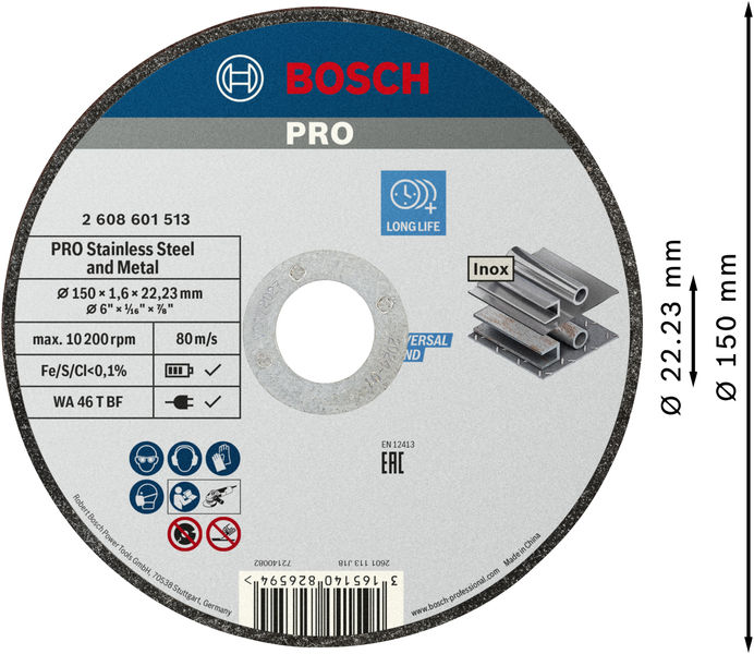 BOSCH PRO Stainless Steel and Metal Trennscheibe, 150 x 1.6 x 22.23 mm, gerade