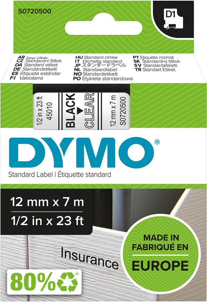 DYMO Schriftband D1 45010 schwarz/transparent 12mmx7m DYMO DYMO Schriftband D1 45010 schwarz/transparent 12mmx7m DYMO