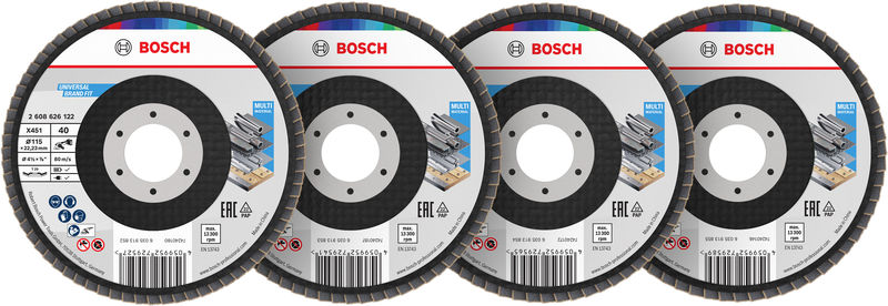 BOSCH X451 Fächerschleifscheiben Set, 115 x 22,23 mm, K40/K60/K80/K120, Z29, 15-tlg