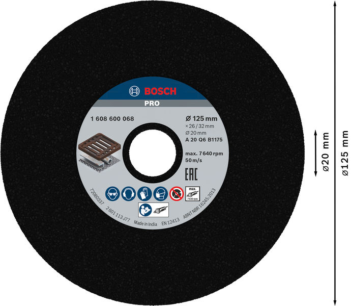 BOSCH PRO Metal Schleifscheibe, 125 x 26 x 20 mm, K20