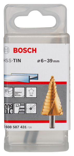 BOSCH Stufenbohrer HSS-TiN, 6 - 39 mm, 10 mm, 93,5 mm, 12 Stufen BOSCH Stufenbohrer HSS-TiN, 6 - 39 mm, 10 mm, 93,5 mm, 12 Stufen